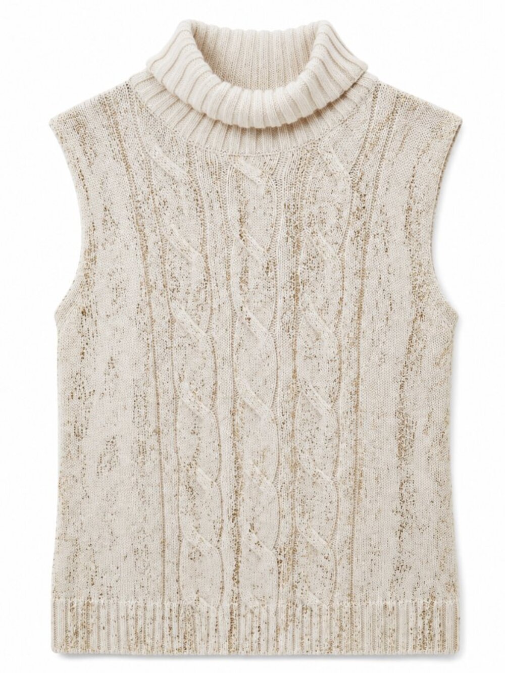 Yvonne Marie Cream Cable-Knit Turtleneck Sweater Vest XL Metallic Gold